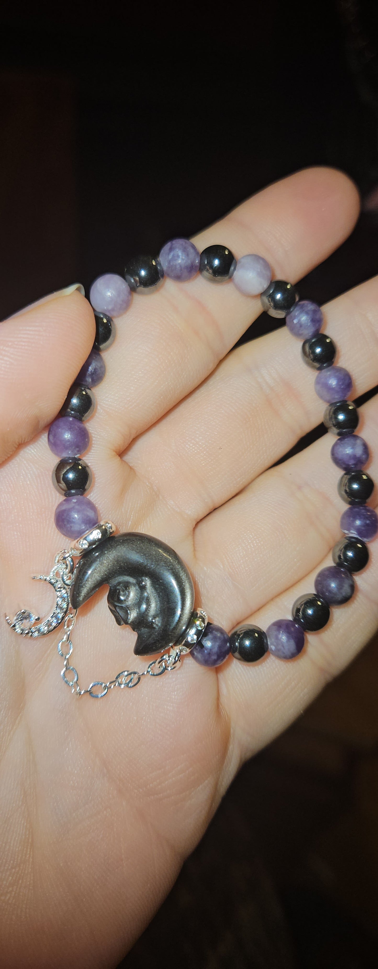 Lepidolite/Hematite Silver Obsidian Moon/bunny Bracelet