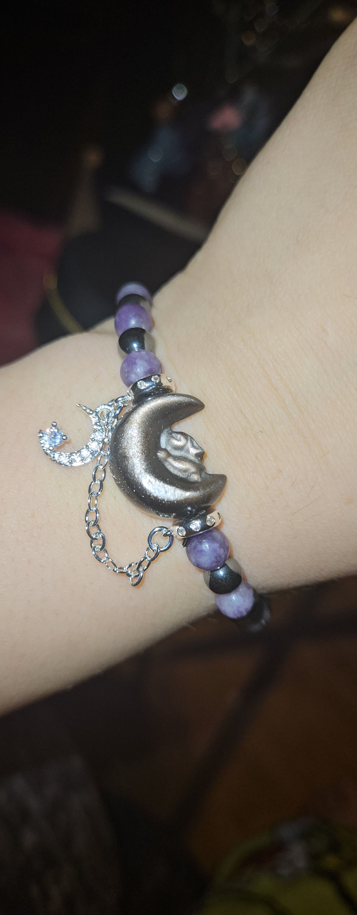 Lepidolite/Hematite Silver Obsidian Moon/bunny Bracelet