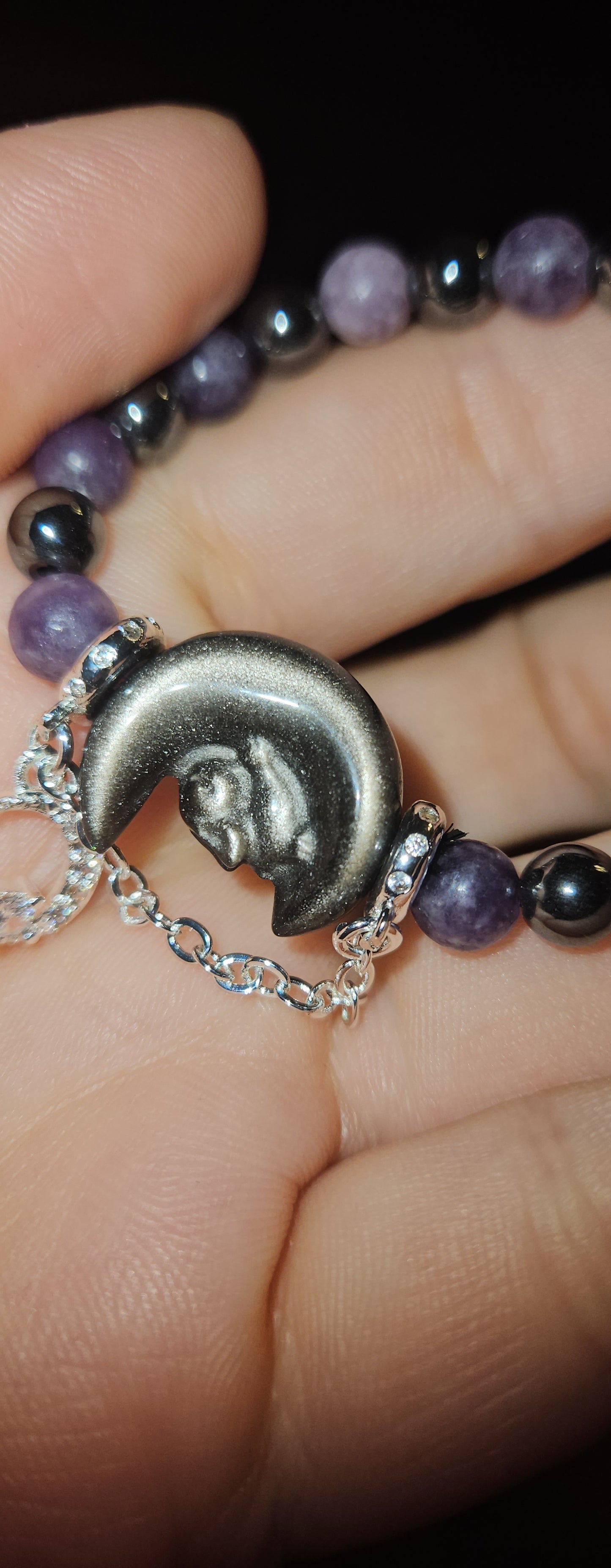 Lepidolite/Hematite Silver Obsidian Moon/bunny Bracelet