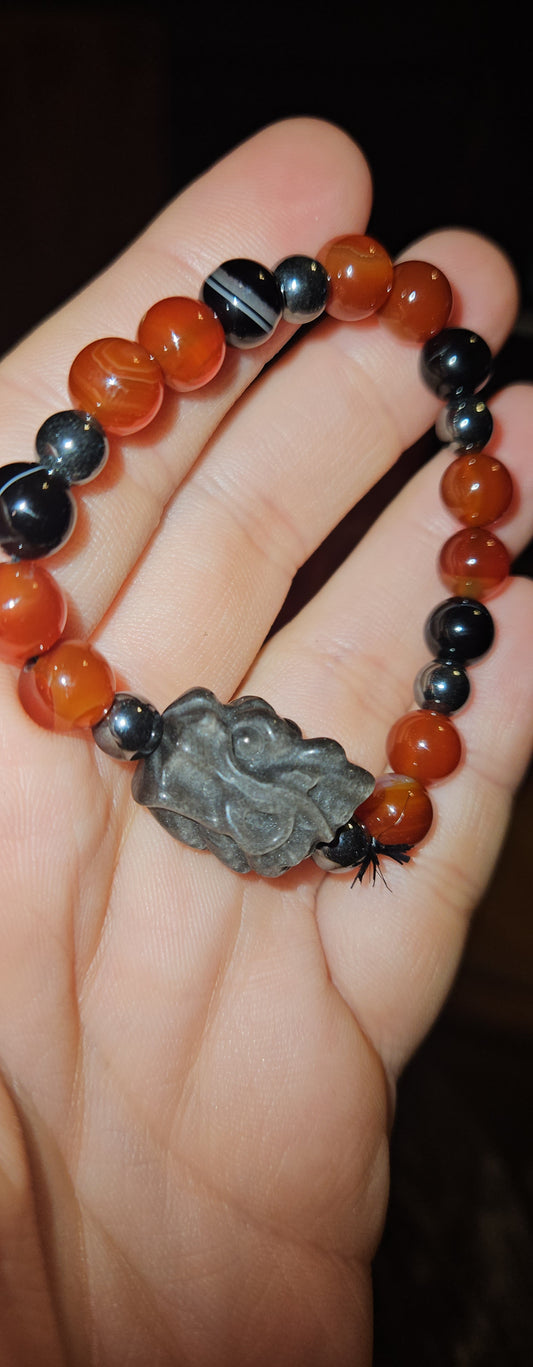Black Agate/Carnelian/Hematite/Silver Obsidian Pixiu Bracelet